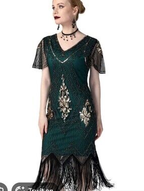 Vintage-Inspired 1920 Flapper Emerald Beaded Fringe Mini Dress